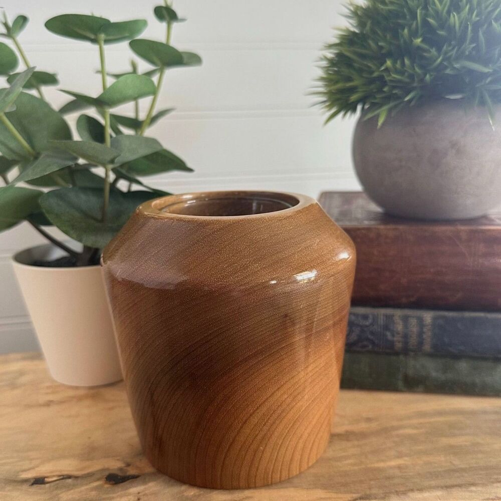 Rogue River Oregon Myrtlewood Votive Holder or Vase w/ Glass Insert, MCM Decor